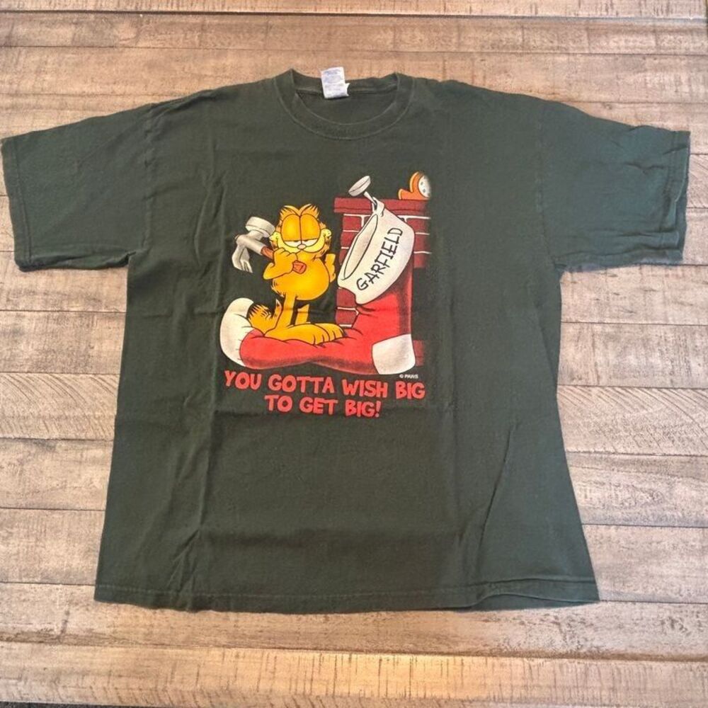 VTG Garfield Green Christmas T-Shirt 'You Gotta Wish Big' Size XL